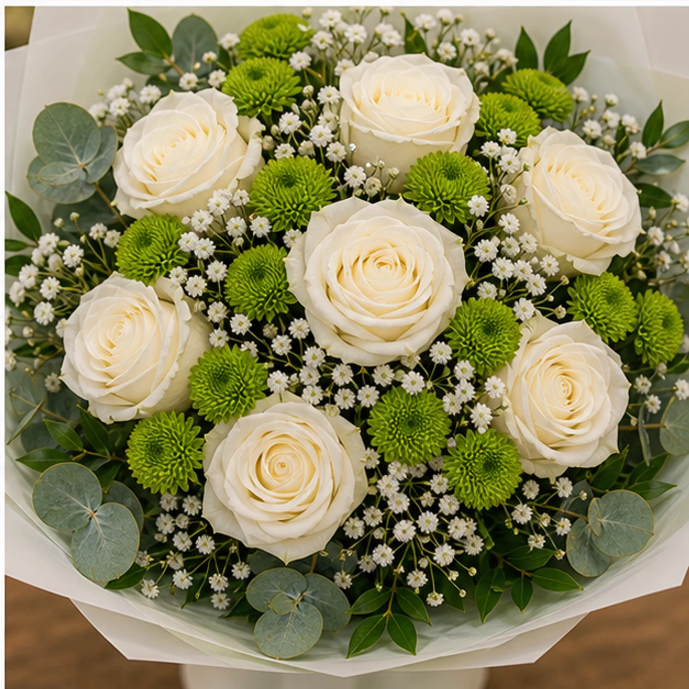 Buchet floral cu trandafiri albi si santini verde crud - poza 4