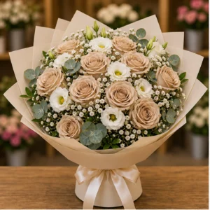 Buchet floral cu trandafiri cappuccino si eustoma alba - poza 1