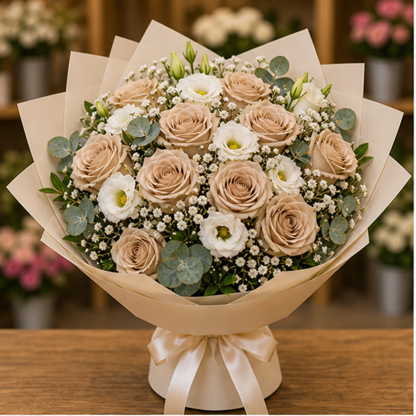 Buchet floral cu trandafiri cappuccino si eustoma alba - poza 1