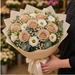 Buchet floral cu trandafiri cappuccino si eustoma alba - poza 2