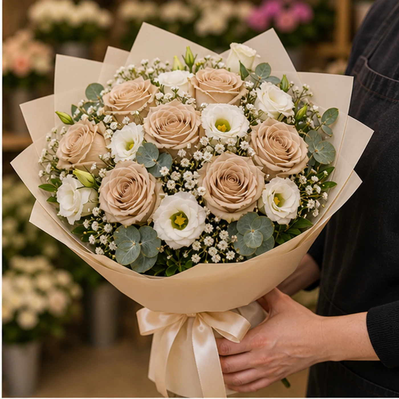 Buchet floral cu trandafiri cappuccino si eustoma alba - poza 2