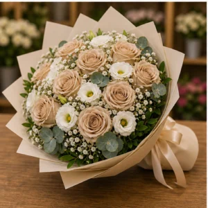 Buchet floral cu trandafiri cappuccino si eustoma alba - poza 3