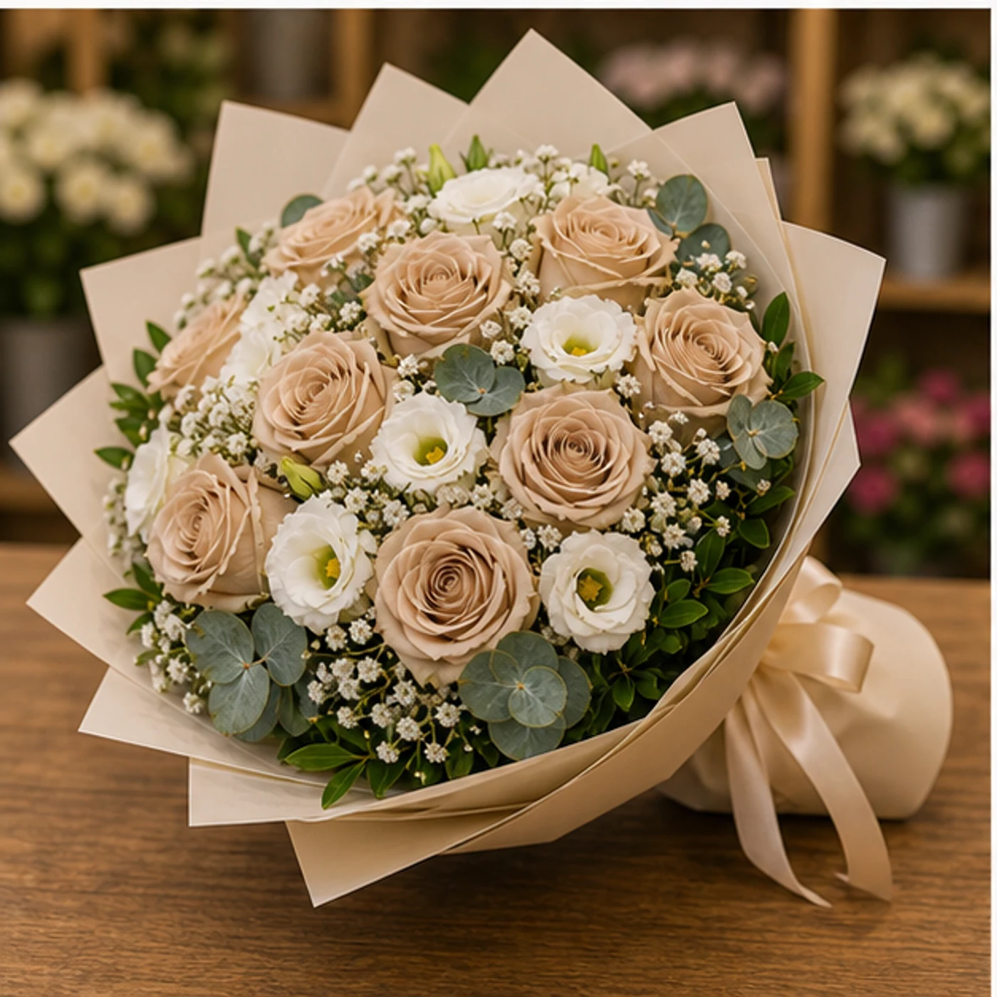 Buchet floral cu trandafiri cappuccino si eustoma alba - poza 3