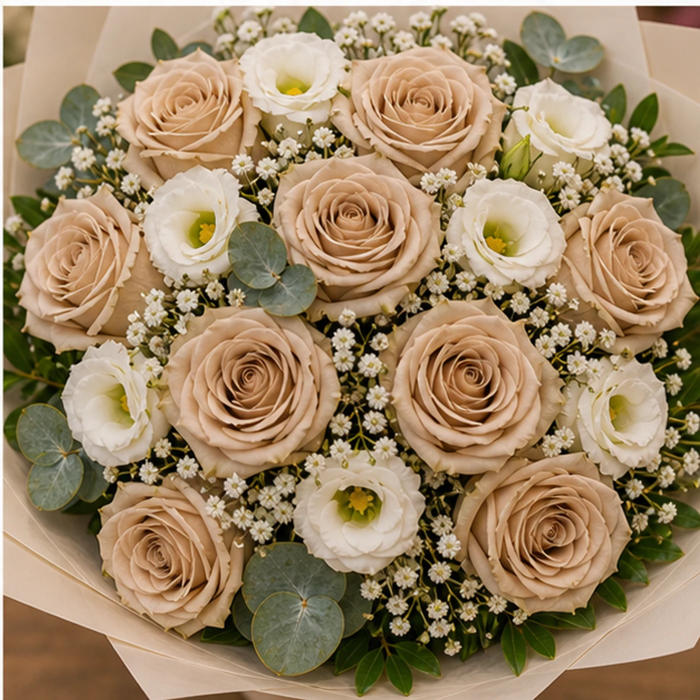 Buchet floral cu trandafiri cappuccino si eustoma alba - poza 4
