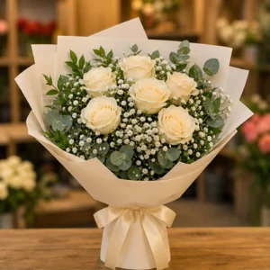 Buchet floral cu trandafiri crem si gypsophila alba - poza 1