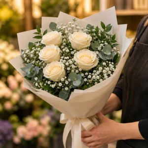 Buchet floral cu trandafiri crem si gypsophila alba - poza 2