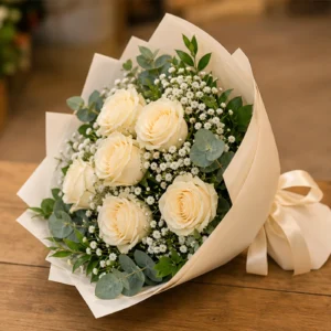 Buchet floral cu trandafiri crem si gypsophila alba - poza 3