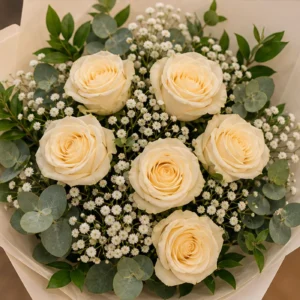 Buchet floral cu trandafiri crem si gypsophila alba - poza 4