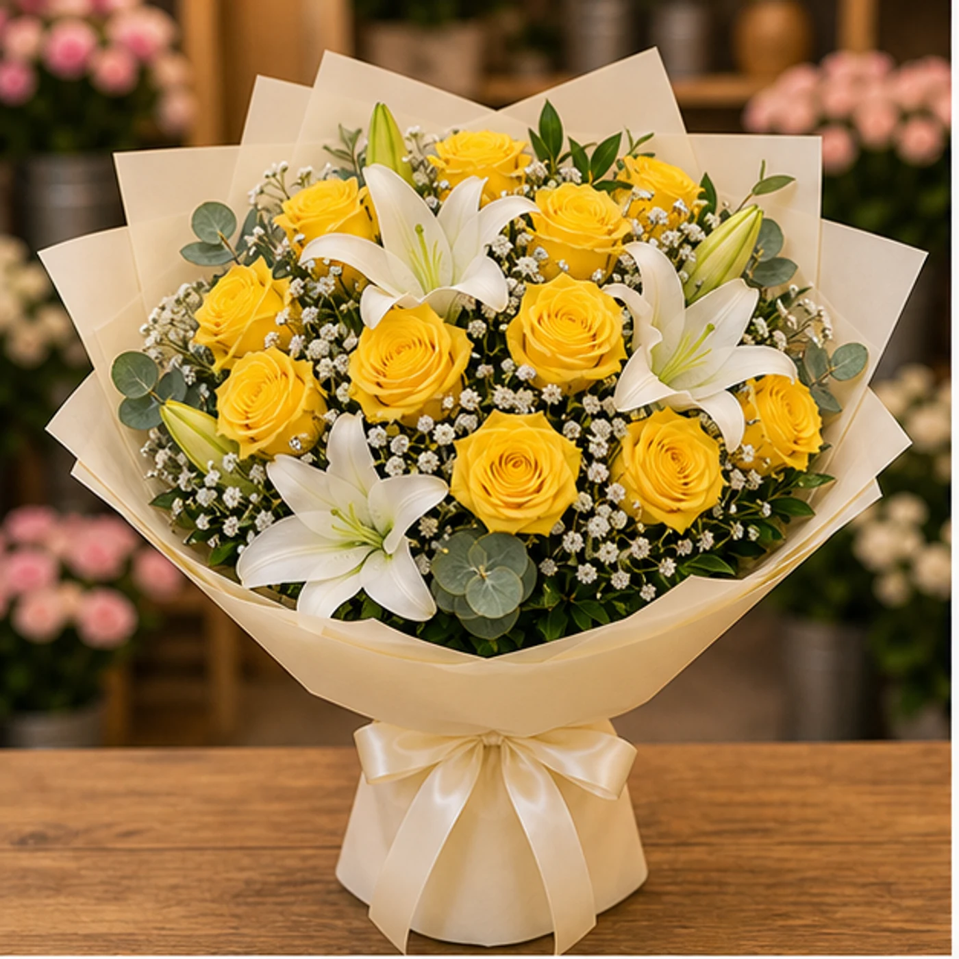 Buchet floral cu trandafiri galbeni si crini albi luminos - poza 1