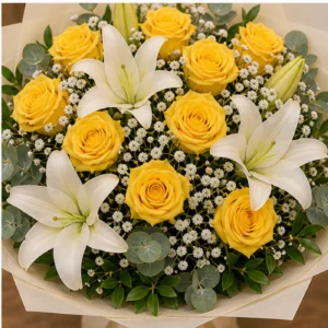 Buchet floral cu trandafiri galbeni si crini albi luminos - poza 4