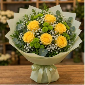 Buchet floral cu trandafiri galbeni si santini verde - poza 1