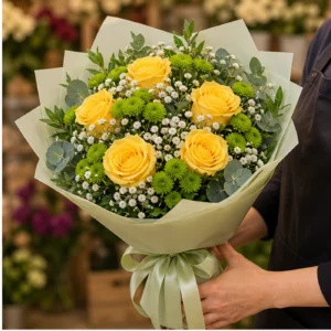 Buchet floral cu trandafiri galbeni si santini verde - poza 2