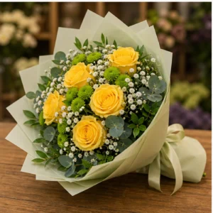 Buchet floral cu trandafiri galbeni si santini verde - poza 3