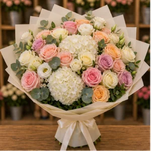 Buchet floral cu trandafiri mix si doua hortensii albe - poza 1