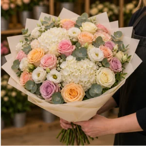 Buchet floral cu trandafiri mix si doua hortensii albe - poza 2