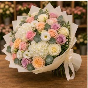 Buchet floral cu trandafiri mix si doua hortensii albe - poza 3