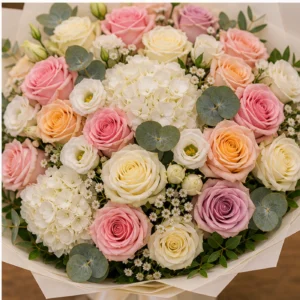 Buchet floral cu trandafiri mix si doua hortensii albe - poza 4