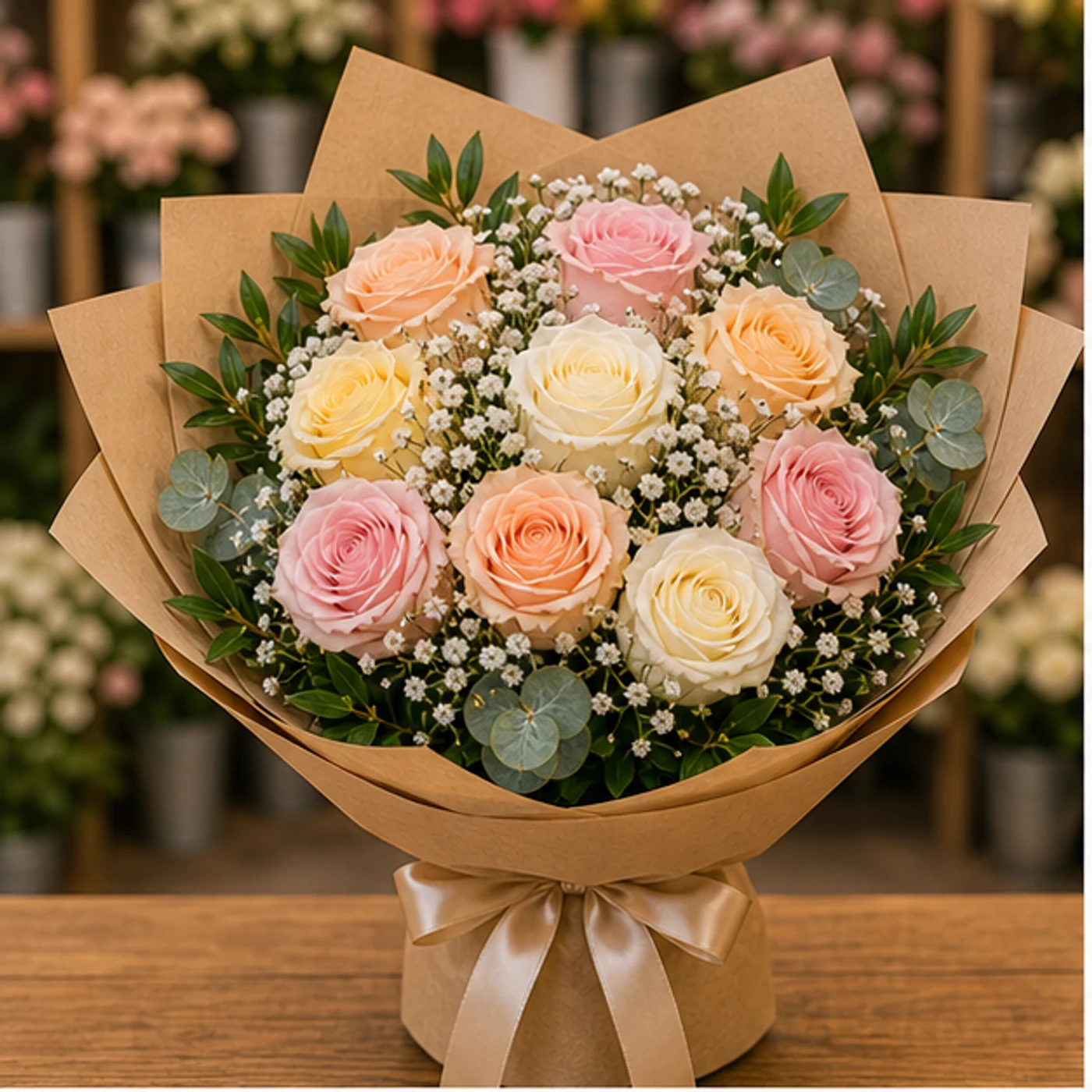 Buchet floral cu trandafiri multicolori pastel si gypsophila - poza 1