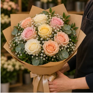 Buchet floral cu trandafiri multicolori pastel si gypsophila - poza 2