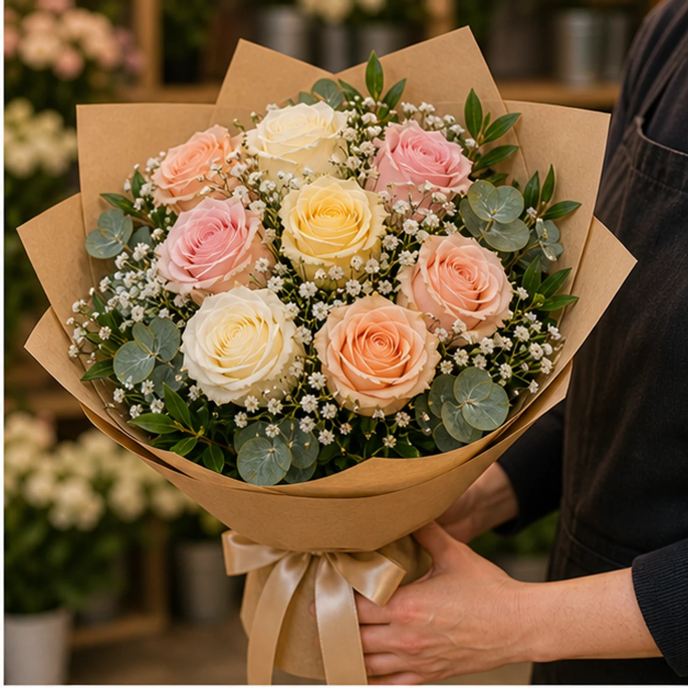 Buchet floral cu trandafiri multicolori pastel si gypsophila - poza 2
