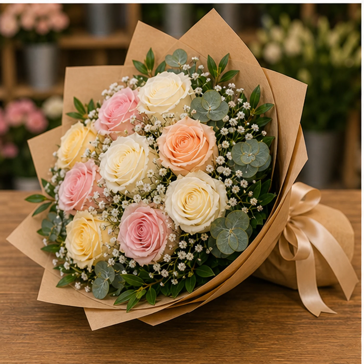 Buchet floral cu trandafiri multicolori pastel si gypsophila - poza 3