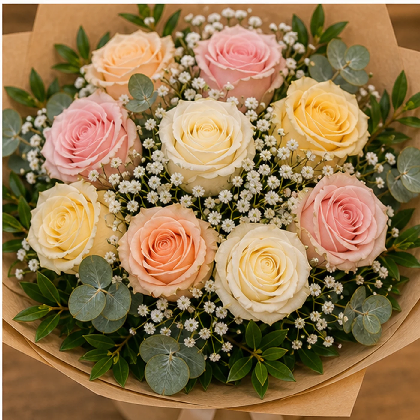Buchet floral cu trandafiri multicolori pastel si gypsophila - poza 4