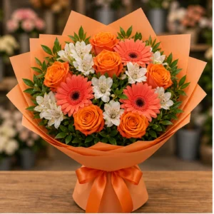 Buchet floral cu trandafiri portocalii si gerbera corai - poza 1