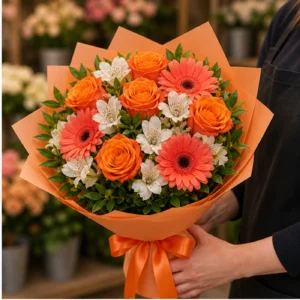 Buchet floral cu trandafiri portocalii si gerbera corai - poza 2