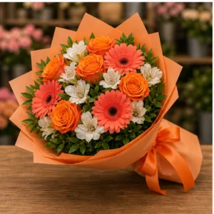 Buchet floral cu trandafiri portocalii si gerbera corai - poza 3