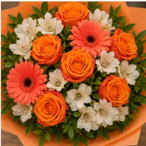 Buchet floral cu trandafiri portocalii si gerbera corai - poza 4