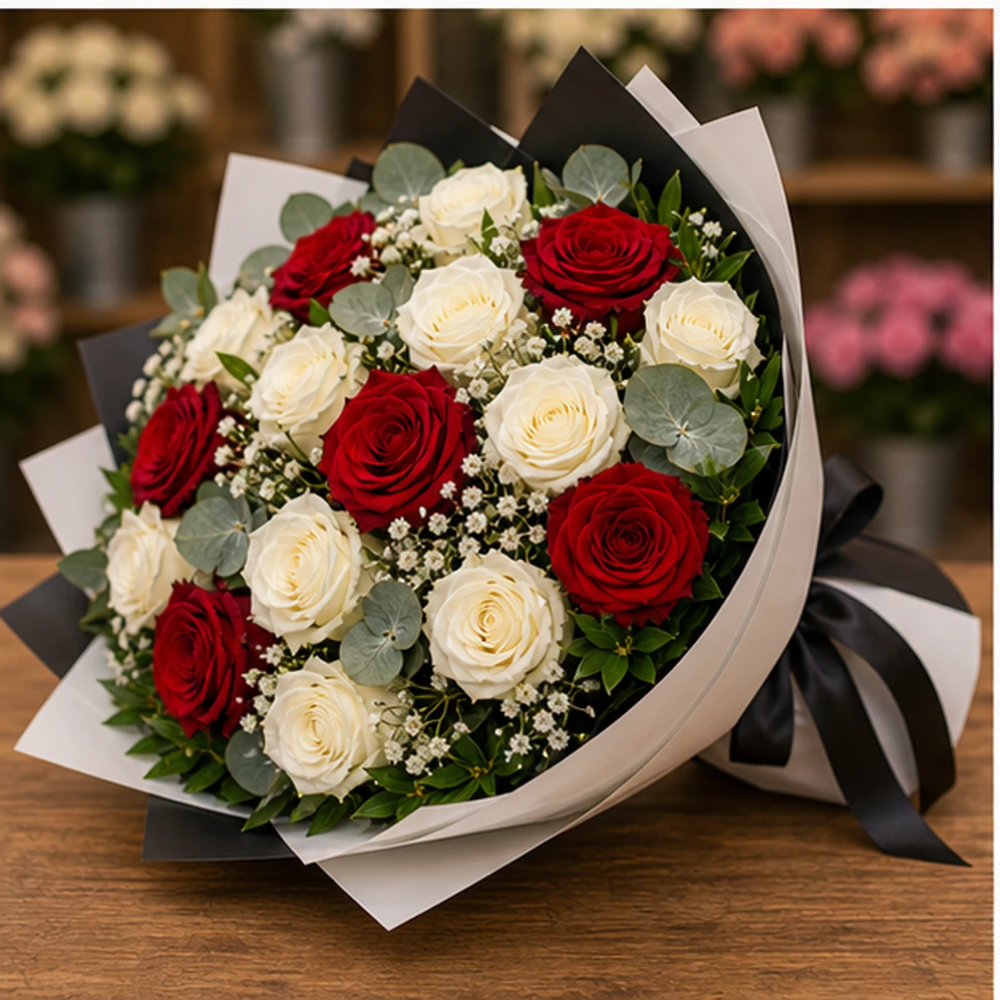 Buchet floral cu trandafiri rosii si albi in contrast - poza 3