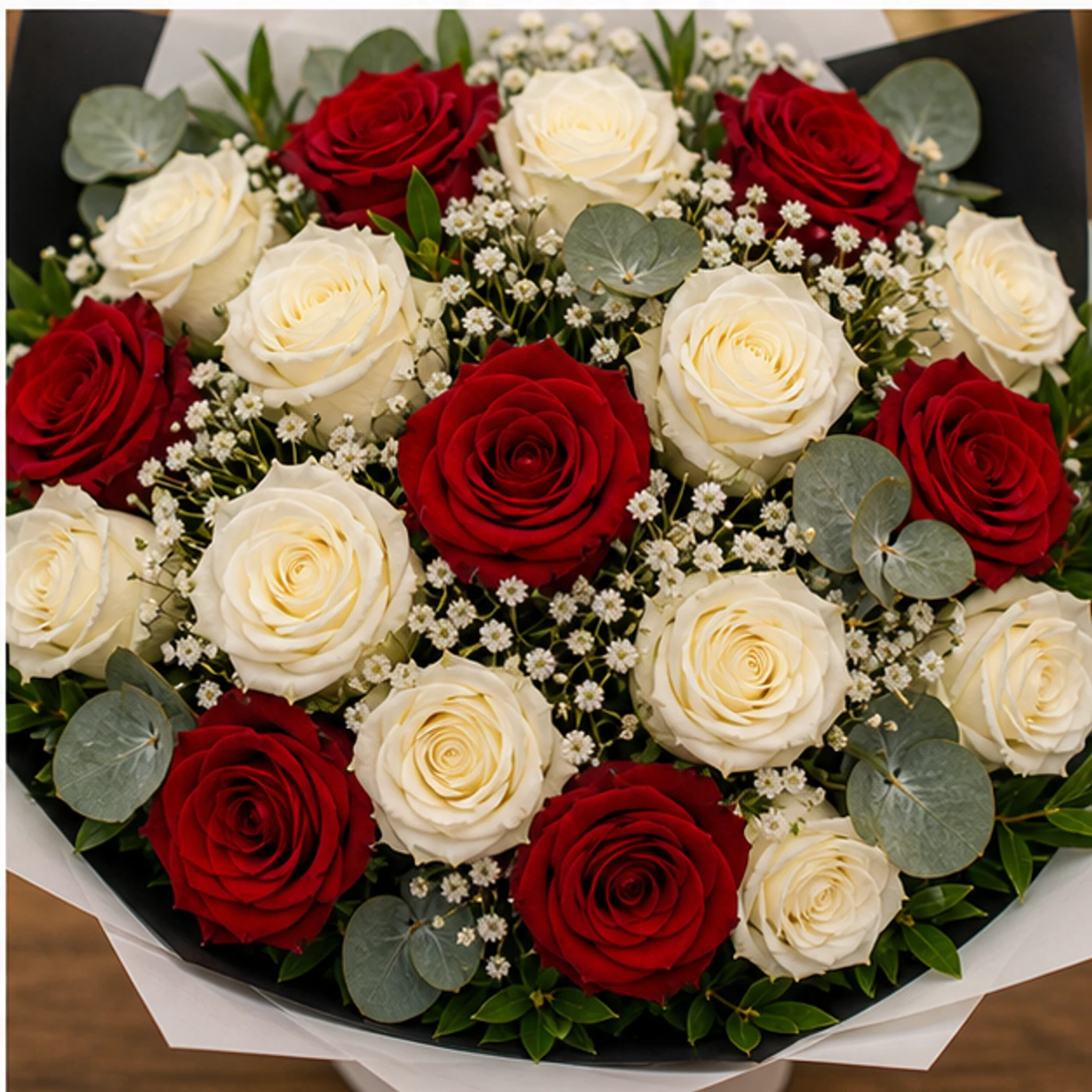Buchet floral cu trandafiri rosii si albi in contrast - poza 4