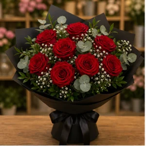 Buchet floral cu trandafiri rosii si eucalipt argintiu - poza 1