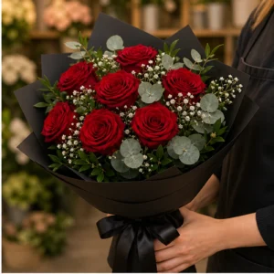 Buchet floral cu trandafiri rosii si eucalipt argintiu - poza 2
