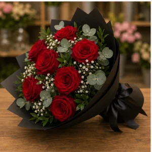 Buchet floral cu trandafiri rosii si eucalipt argintiu - poza 3