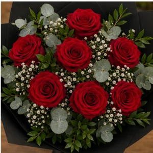 Buchet floral cu trandafiri rosii si eucalipt argintiu - poza 4