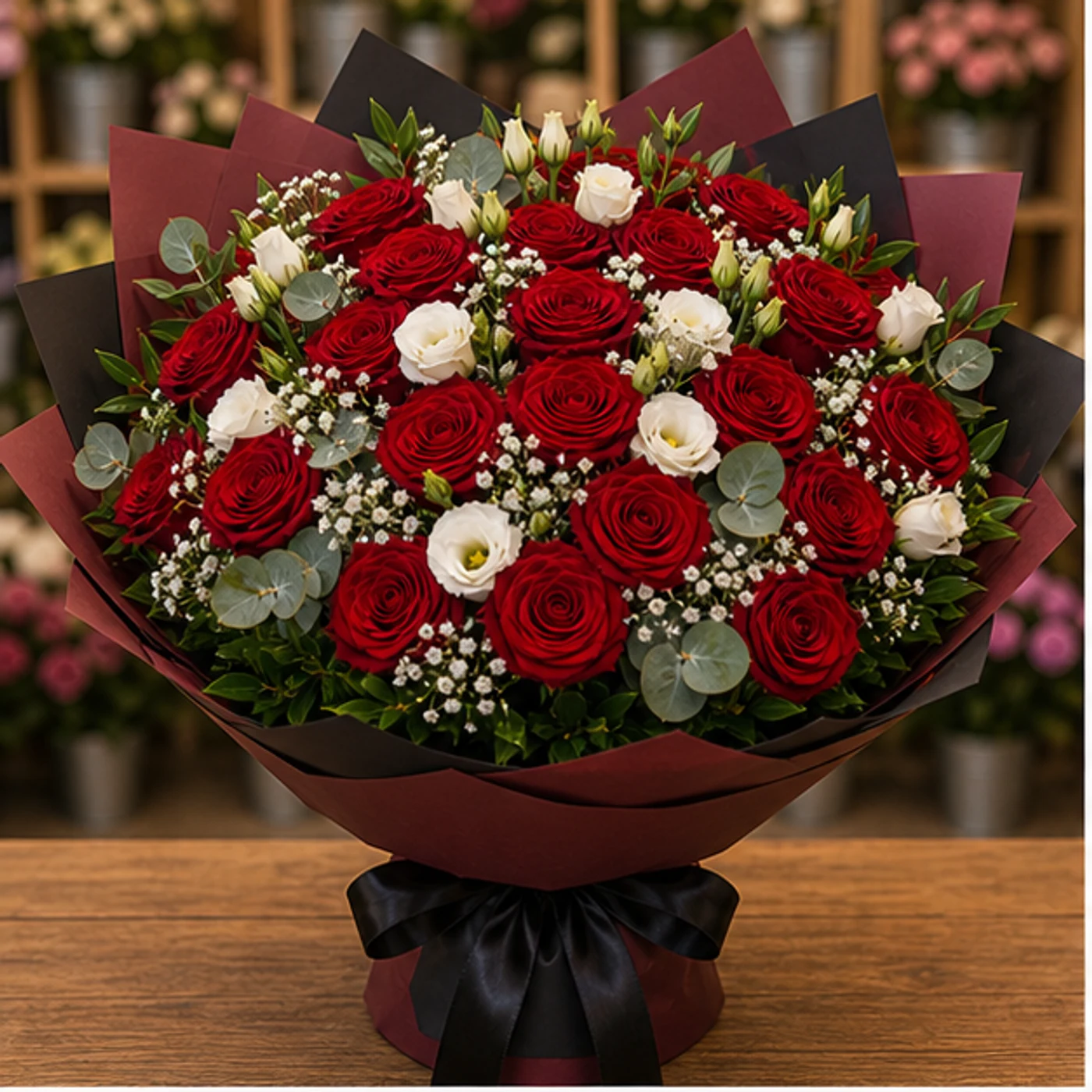 Buchet floral cu trandafiri rosii si eustoma de lux - poza 1