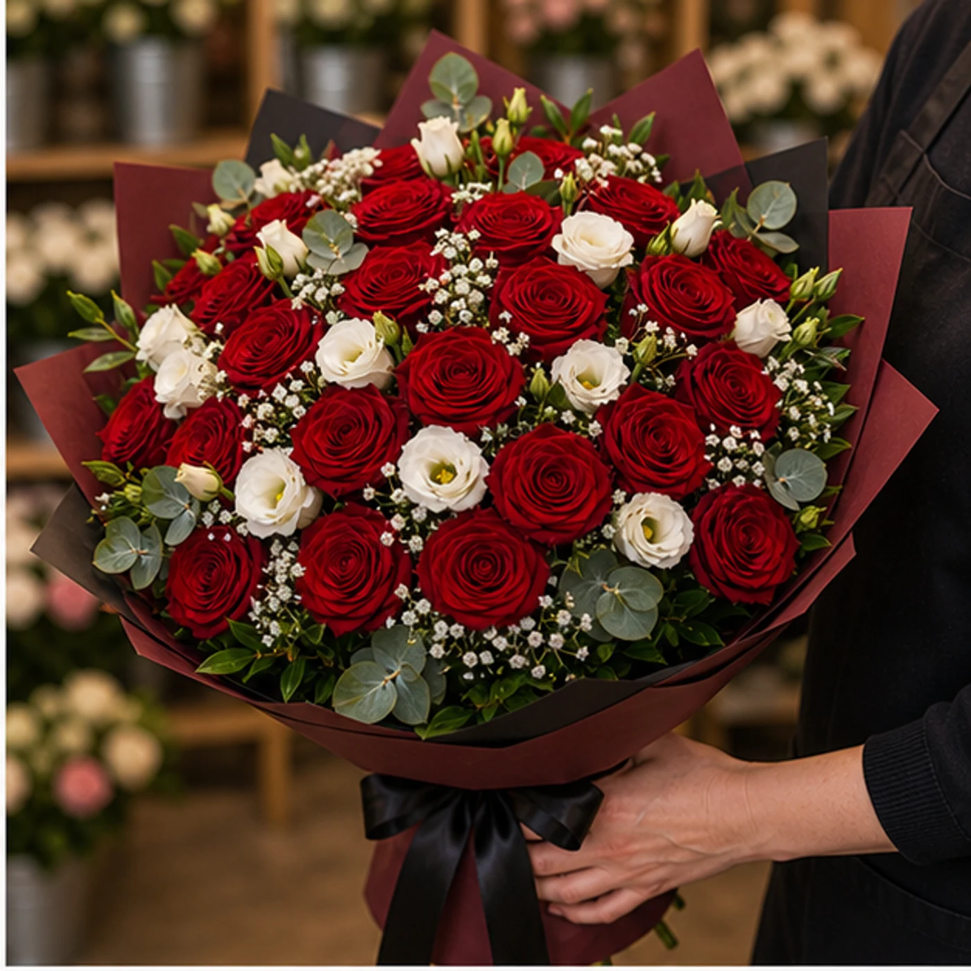 Buchet floral cu trandafiri rosii si eustoma de lux - poza 2