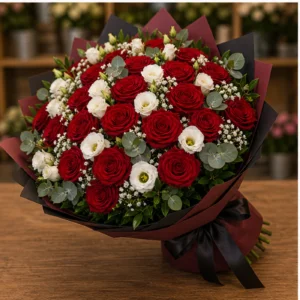 Buchet floral cu trandafiri rosii si eustoma de lux - poza 3