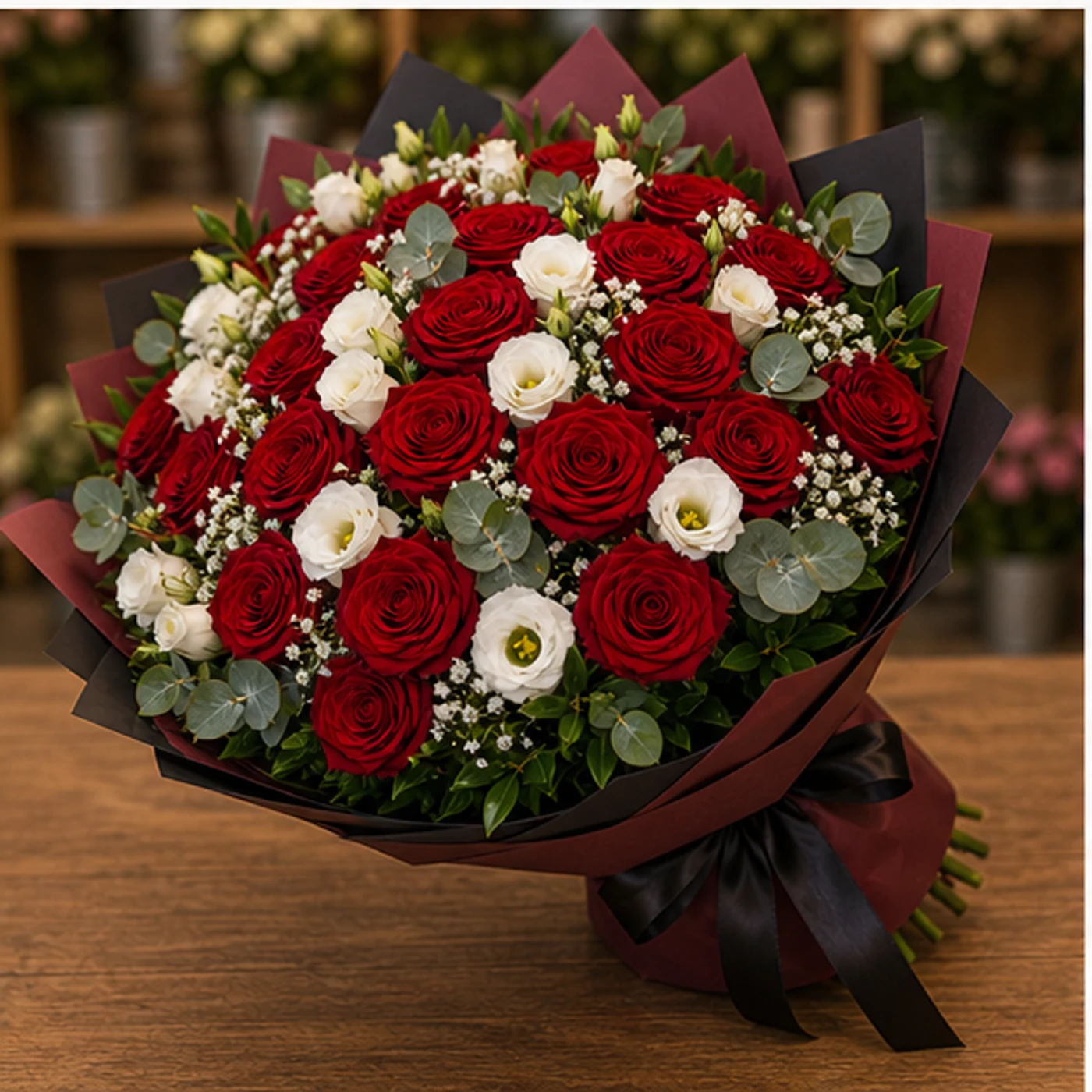 Buchet floral cu trandafiri rosii si eustoma de lux - poza 3