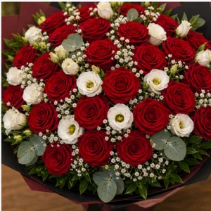 Buchet floral cu trandafiri rosii si eustoma de lux - poza 4