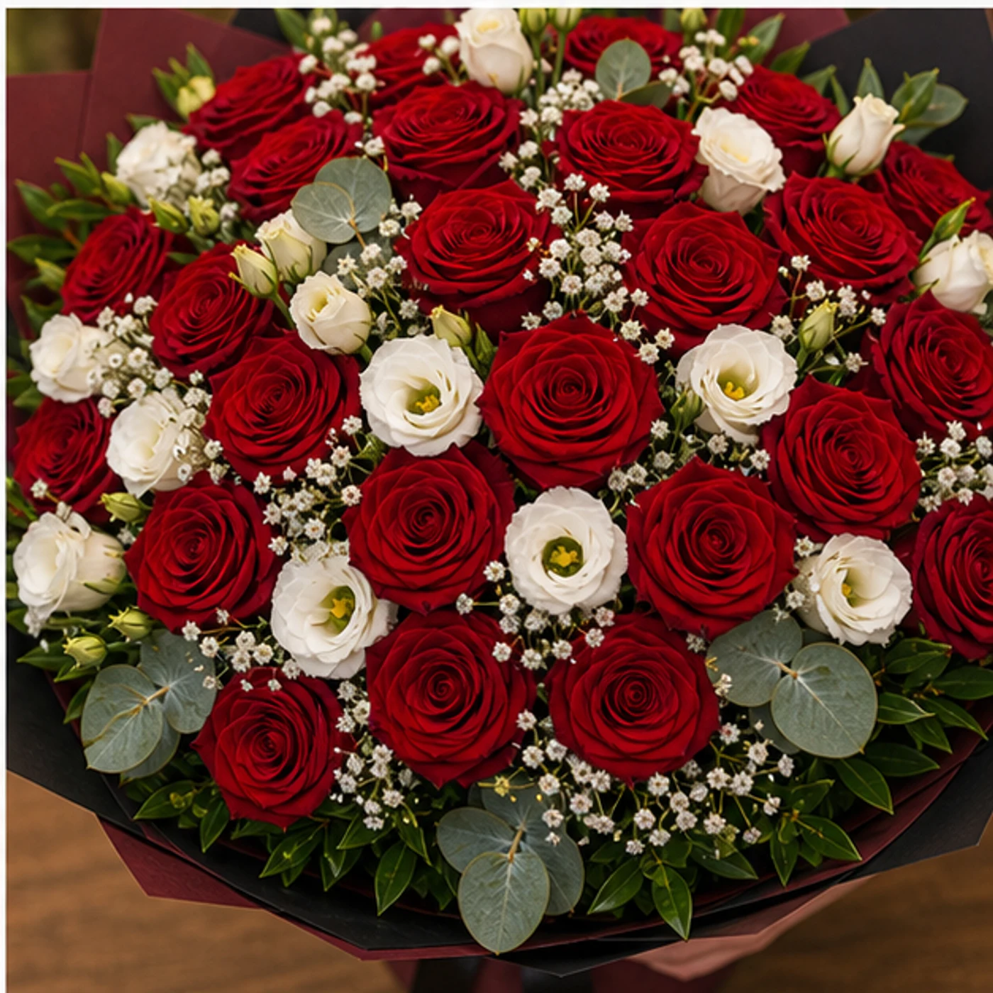 Buchet floral cu trandafiri rosii si eustoma de lux - poza 4