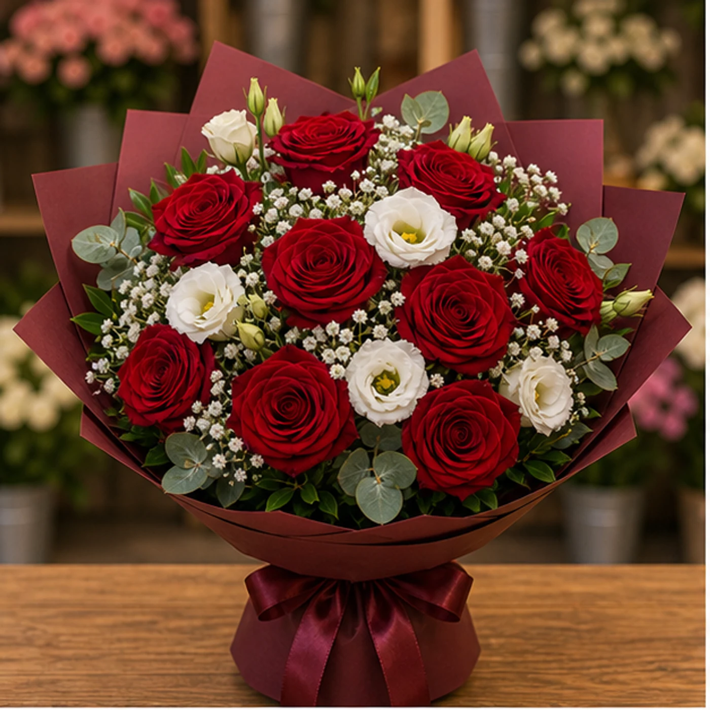 Buchet floral cu trandafiri rosii si lisianthus alb elegant - poza 1