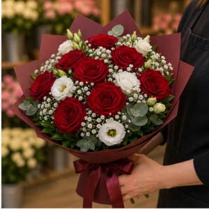 Buchet floral cu trandafiri rosii si lisianthus alb elegant - poza 2