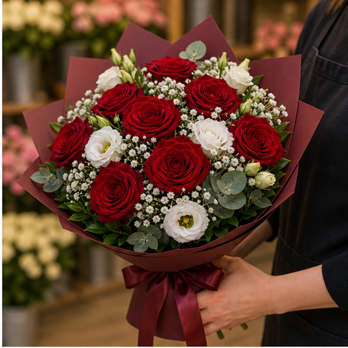 Buchet floral cu trandafiri rosii si lisianthus alb elegant - poza 2