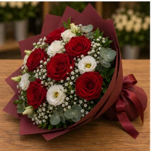 Buchet floral cu trandafiri rosii si lisianthus alb elegant - poza 3
