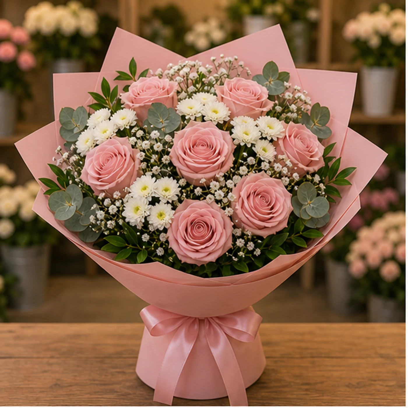 Buchet floral cu trandafiri roz pudrat si santini alb - poza 1