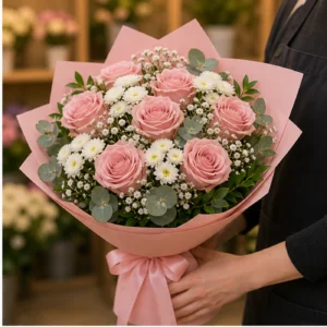 Buchet floral cu trandafiri roz pudrat si santini alb - poza 2