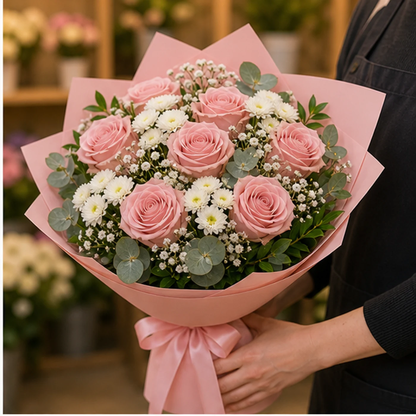Buchet floral cu trandafiri roz pudrat si santini alb - poza 2