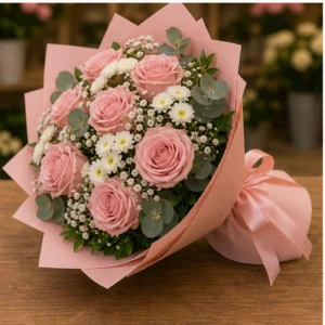 Buchet floral cu trandafiri roz pudrat si santini alb - poza 3